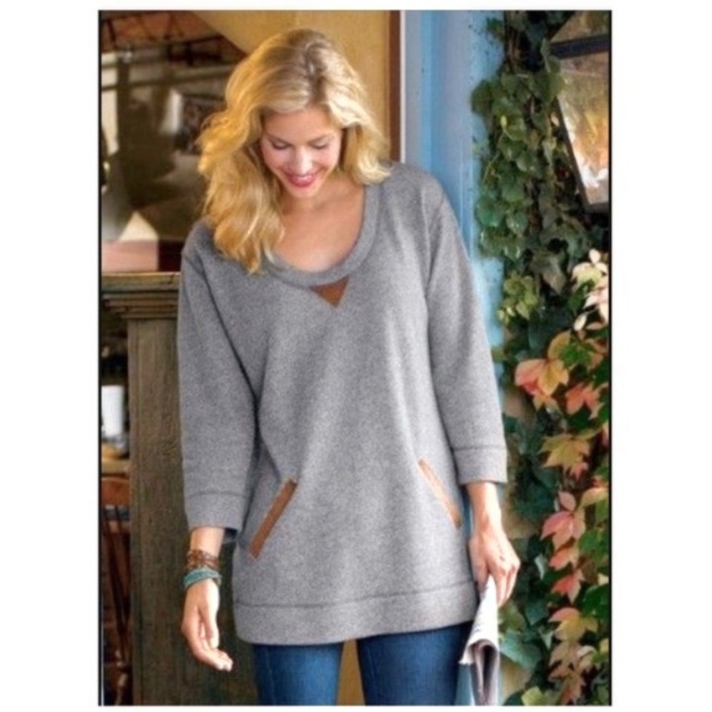 Soft Surroundings Gray Sweatshirt Tunic with Tan Faux Suede Accents Size Large